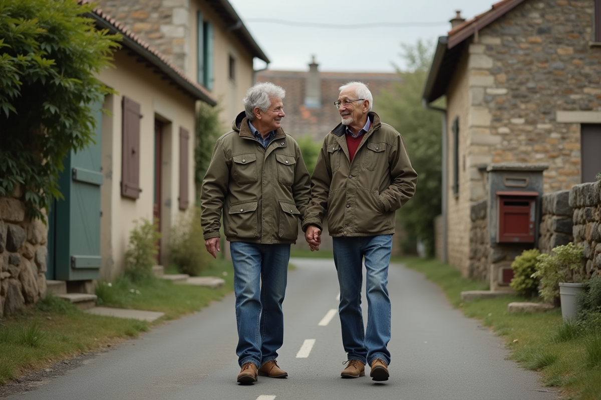 Couple retiree marchant dans un village rural authentique
