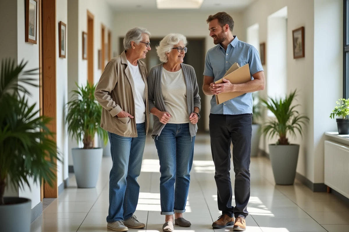 Couple de personnes âgées visitant une maison de retraite et discutant des options de financement et d'aides disponibles