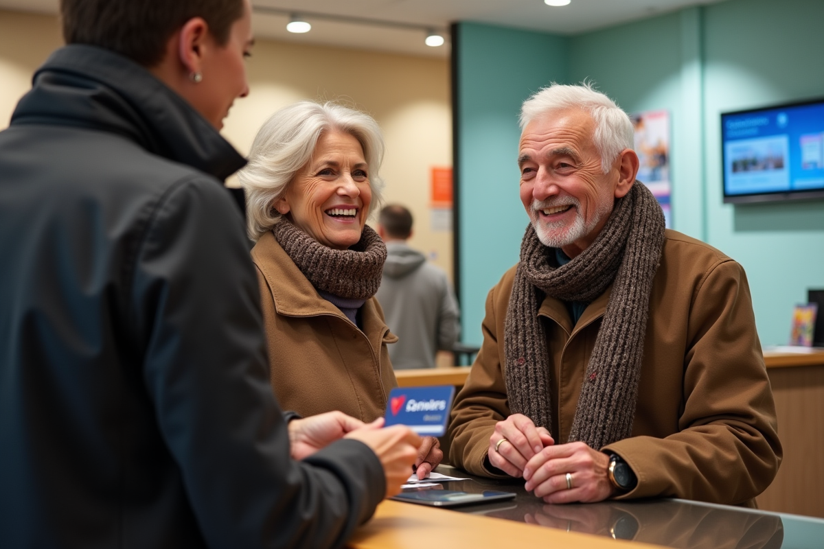 Couple senior recevant leur carte voyage à l