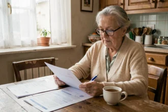 Une femme âgée examine des documents administratifs liés à une demande d'allocation personnalisée d'autonomie à domicile