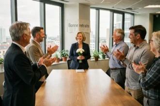 Collègues applaudissant une manager partant à la retraite lors d'une réunion conviviale au bureau