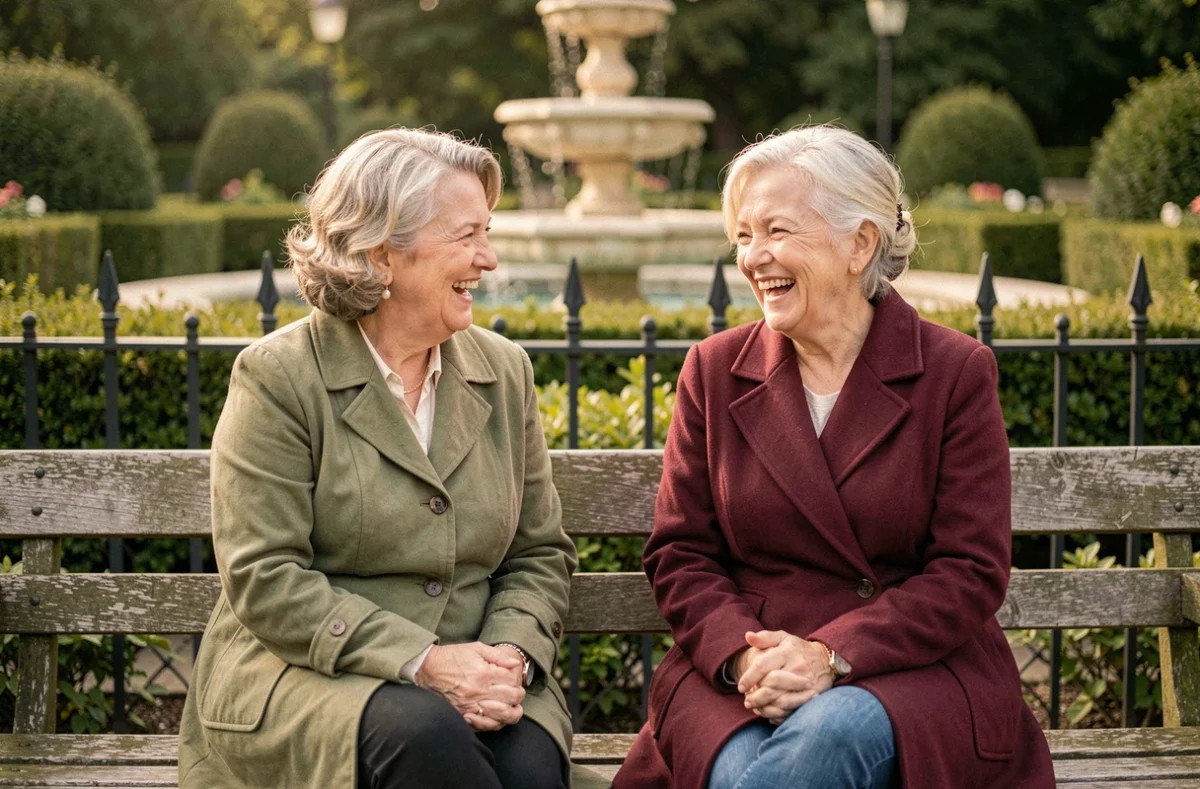 Deux femmes de 65 à 70 ans conversant joyeusement sur un banc dans un jardin public, symbolisant une nouvelle complicité et une rencontre respectueuse