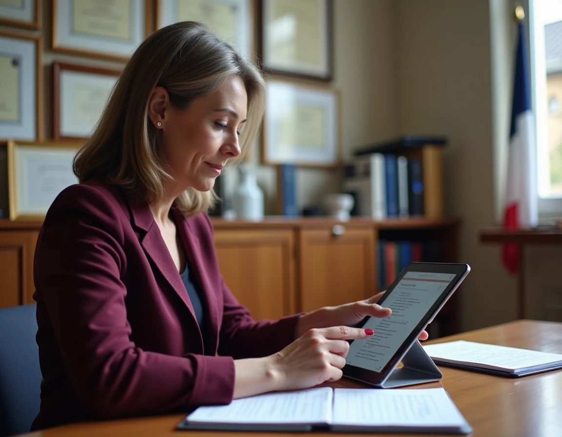 Directrice d'école consultant les informations de retraite de l'éducation nationale sur une tablette numérique dans son bureau