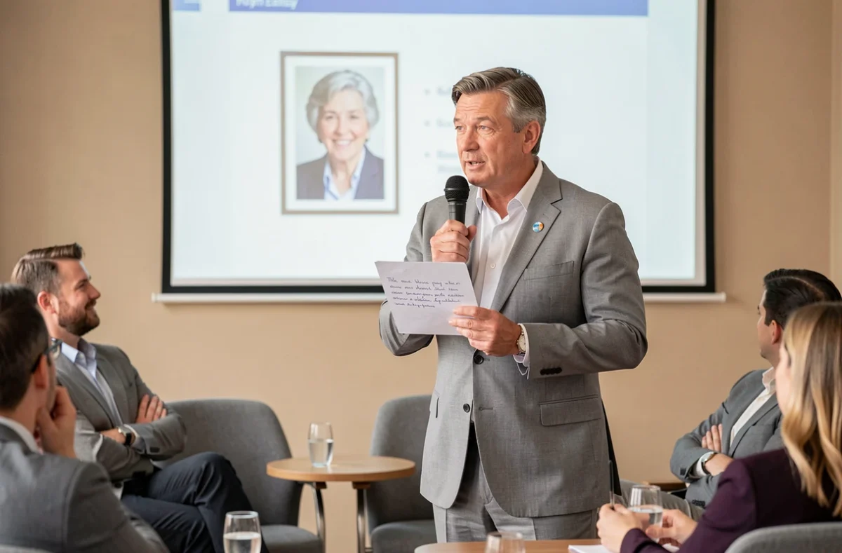 Manager prononçant un discours de départ à la retraite devant ses collègues réunis