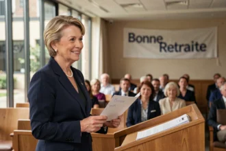 Femme élégante prononçant un discours de retraite émouvant devant ses collègues dans une salle de conférence chaleureuse