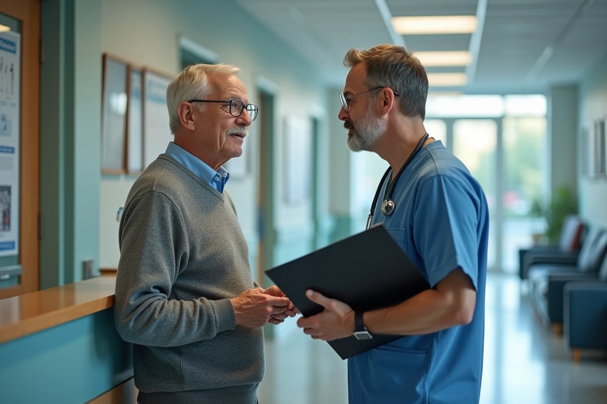 Patient et médecin discutant dans le couloir hospitalier