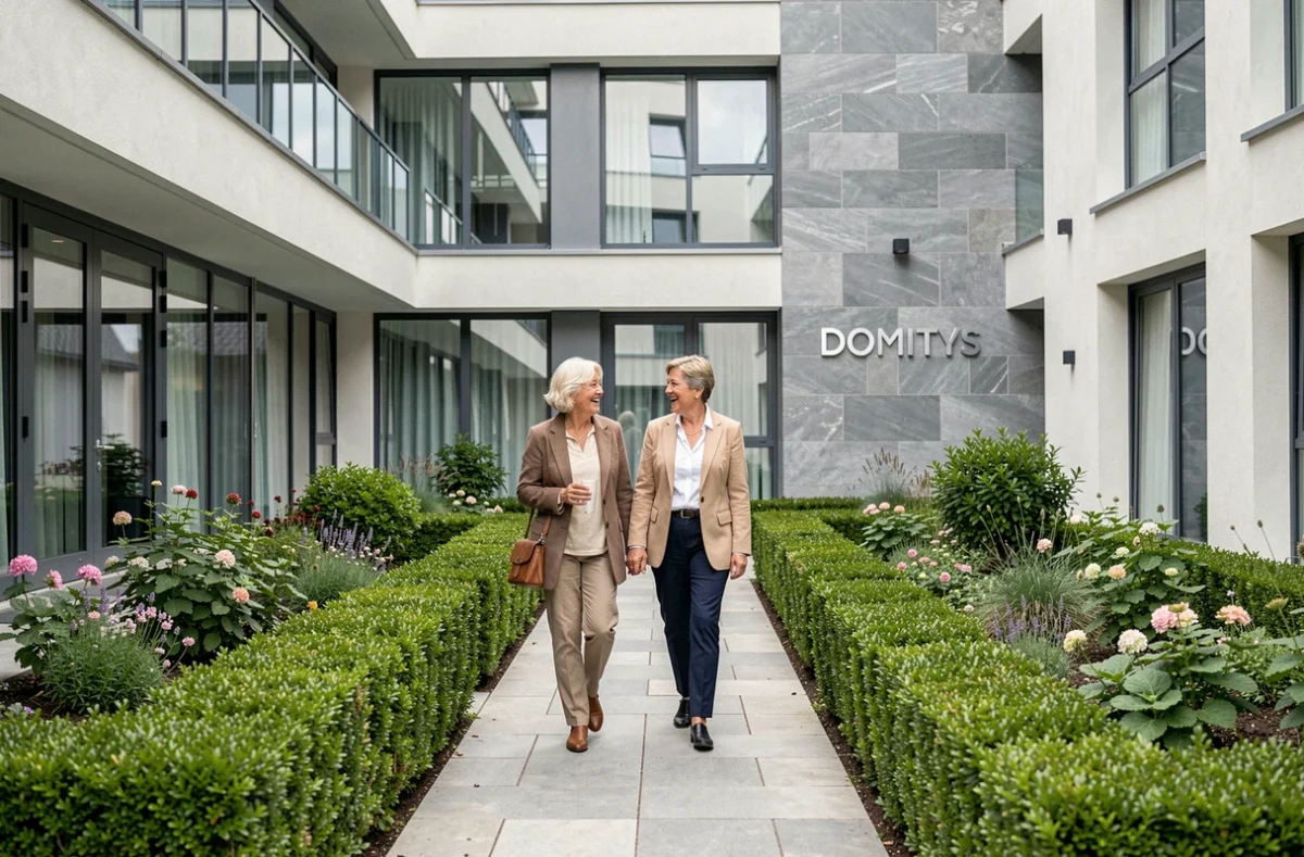 Deux résidentes se promenant dans la cour extérieure de la résidence DOMITYS Le Parc Saint-Germain