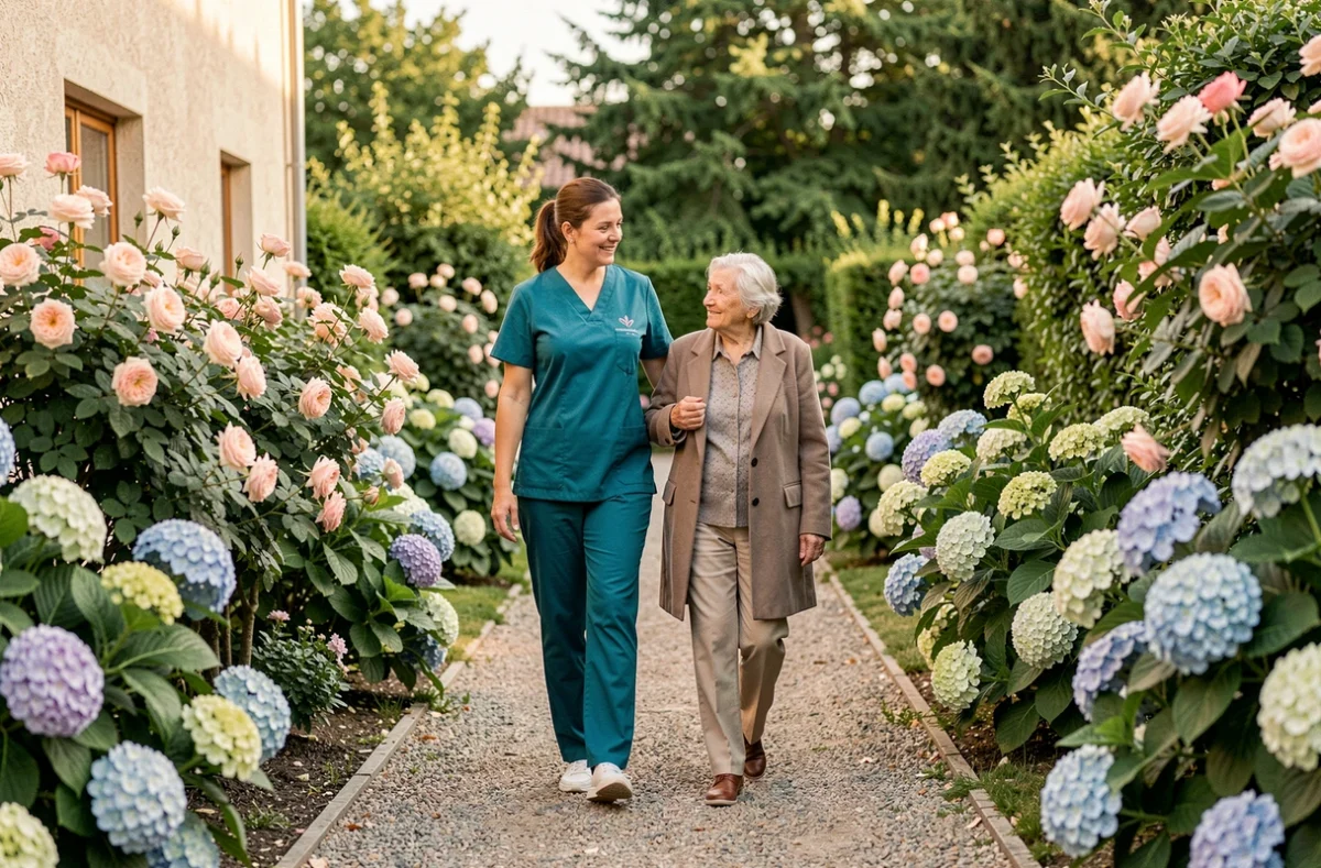 Une auxiliaire de vie Domusvi Domicile accompagne une dame âgée lors d'une promenade dans un jardin résidentiel à Limoges