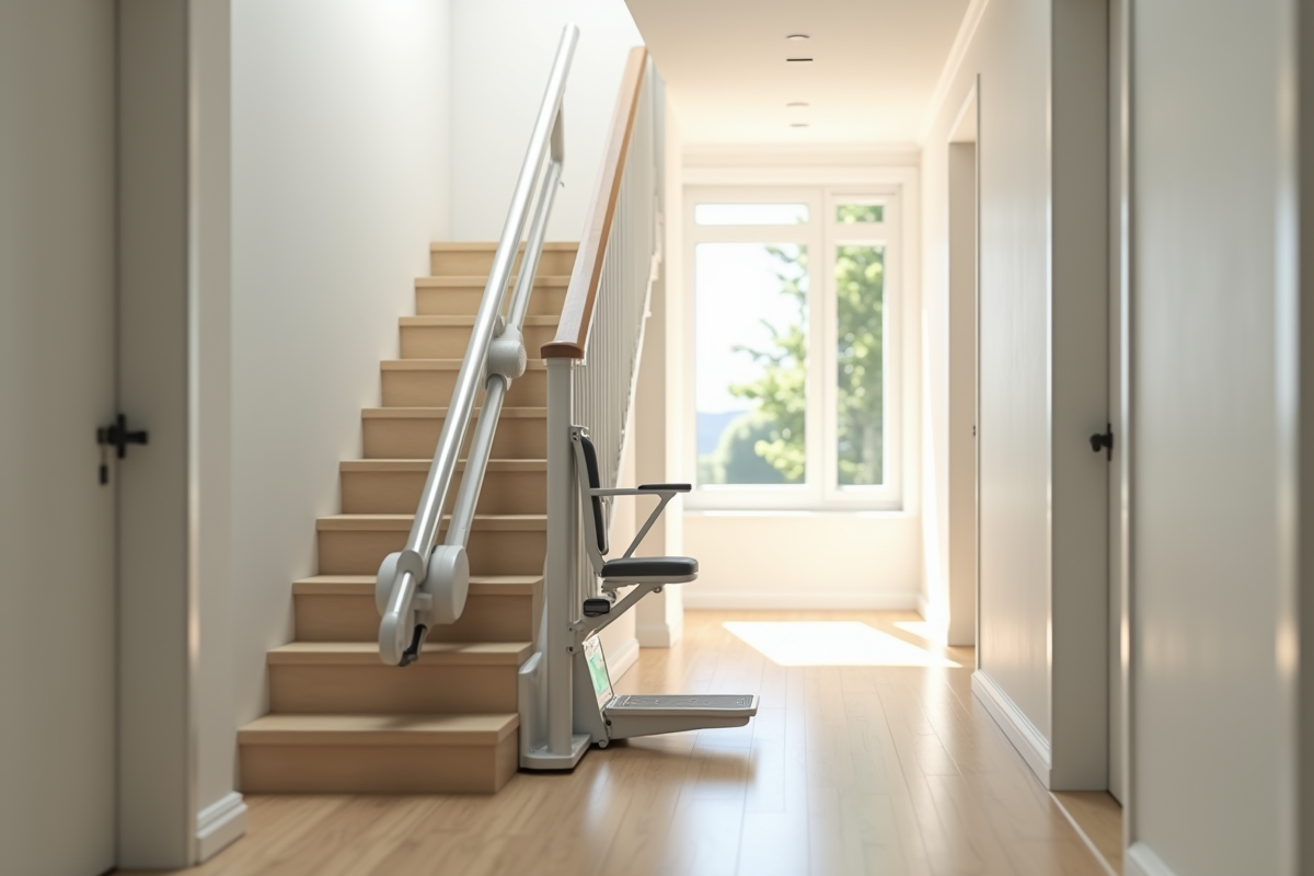 Echelle electrique pliee au bas d un escalier dans un couloir lumineux