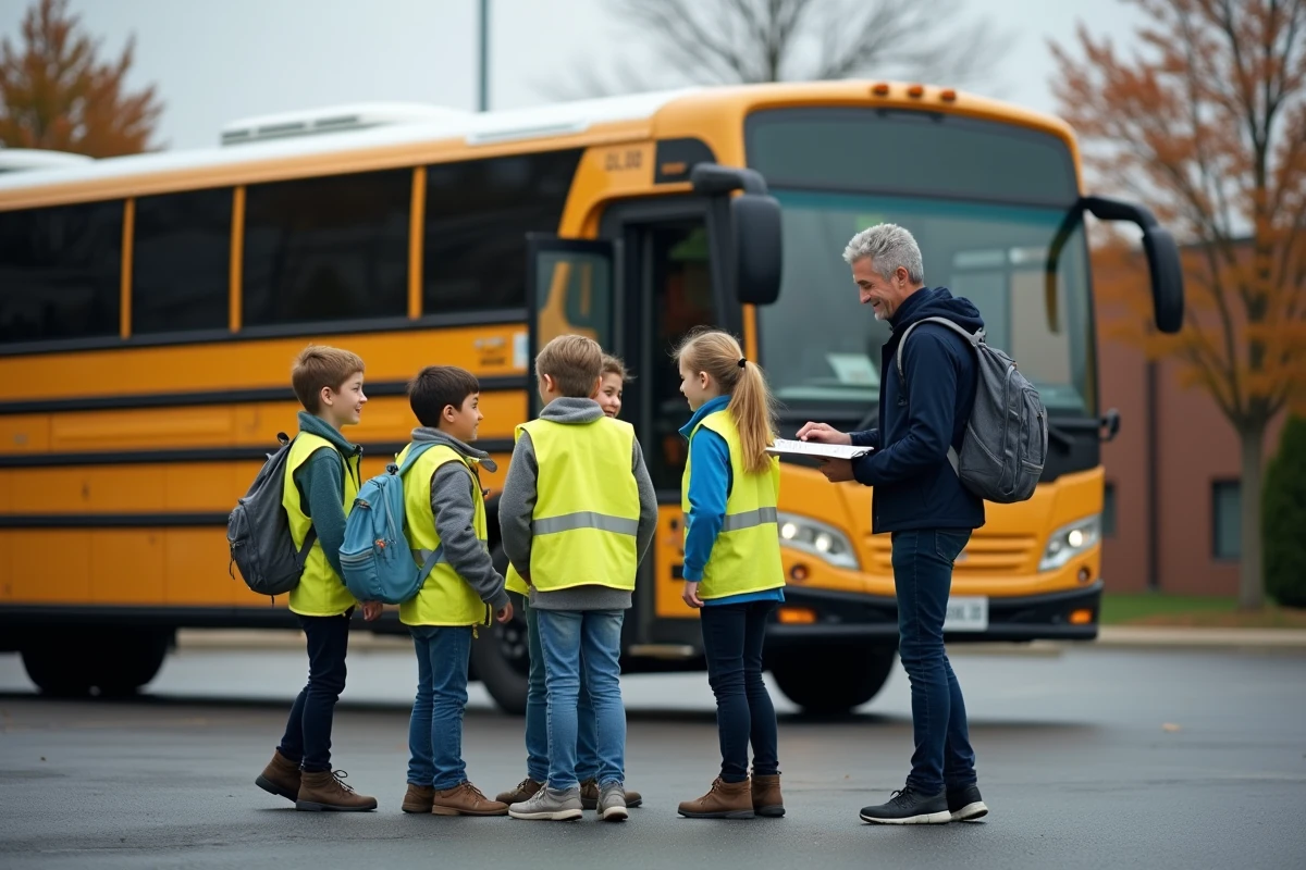 Groupe d'élèves en gilets jaunes prêts pour une sortie scolaire ou une classe verte devant un car scolaire