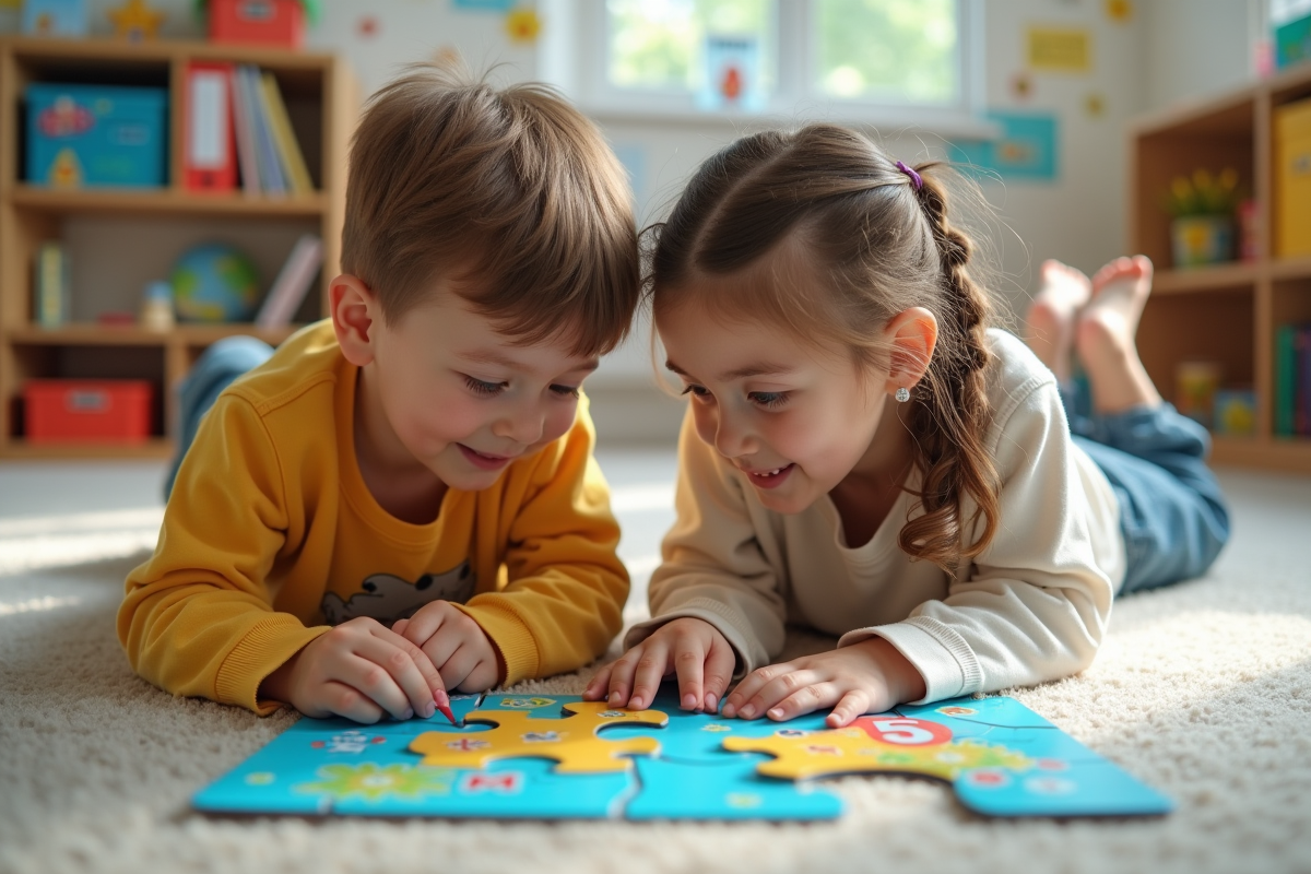 Deux enfants résolvent un puzzle éducatif dans une classe