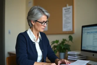 Enseignante proche de la retraite consultant ses informations de pension sur un ordinateur portable dans un bureau administratif scolaire
