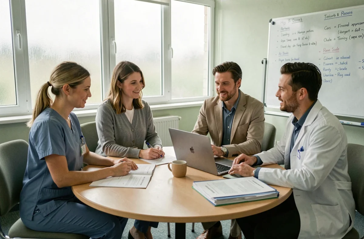 Équipe médico-sociale pluridisciplinaire réunion évaluation grille AGGIR en établissement de soins
