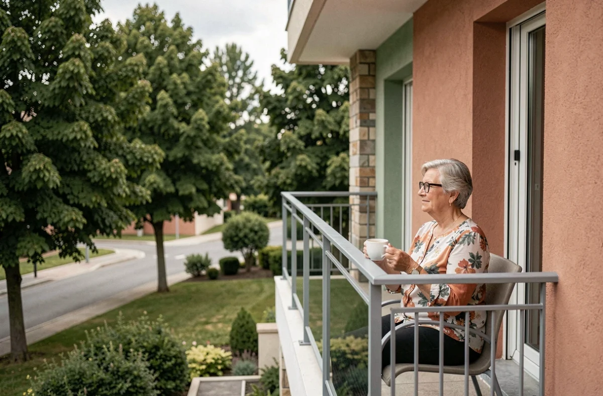 Résidente profitant de sa terrasse privée avec vue sur le parc à la résidence Espace et Vie Andrézieux-Bouthéon