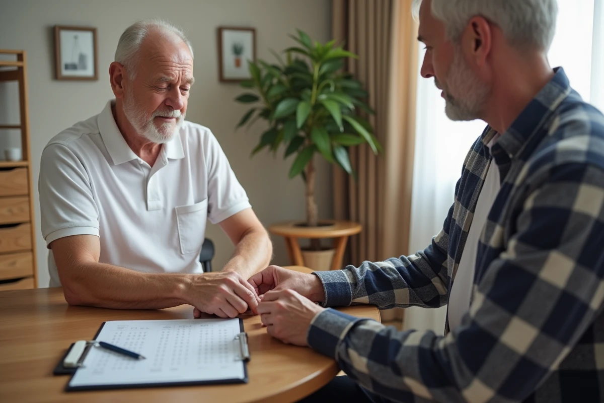 Ergothérapeute évaluant l'autonomie d'un patient âgé lors d'un test ADL d'habillage à domicile