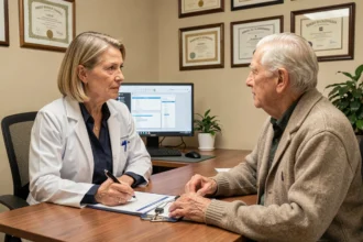 Médecin gériatre réalisant une évaluation AGGIR avec un patient âgé en consultation