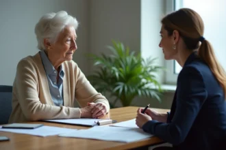 Une femme âgée remplissant un dossier d'évaluation GIR avec une assistante sociale dans un bureau administratif calme