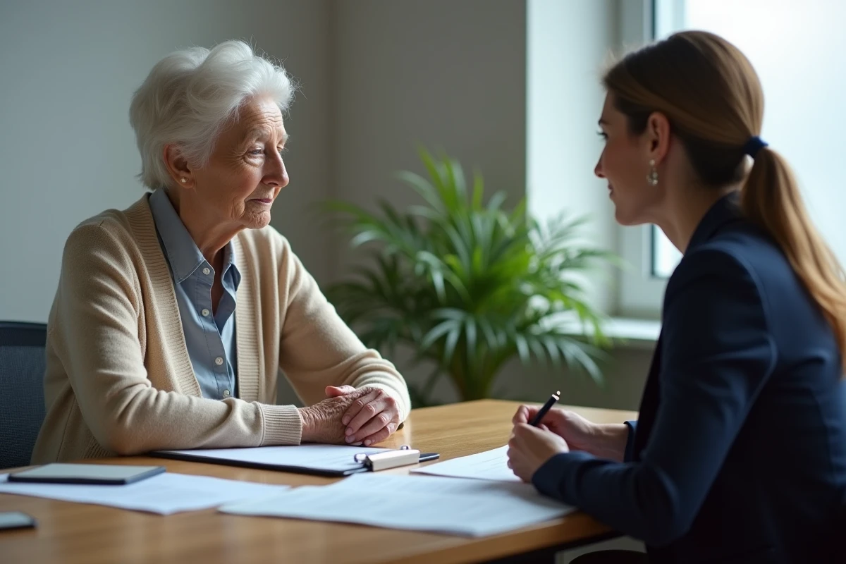 Une femme âgée remplissant un dossier d'évaluation GIR avec une assistante sociale dans un bureau administratif calme