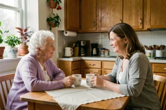 Personne âgée atteinte d'Alzheimer partageant un moment de complicité avec une famille d'accueil dans une cuisine chaleureuse