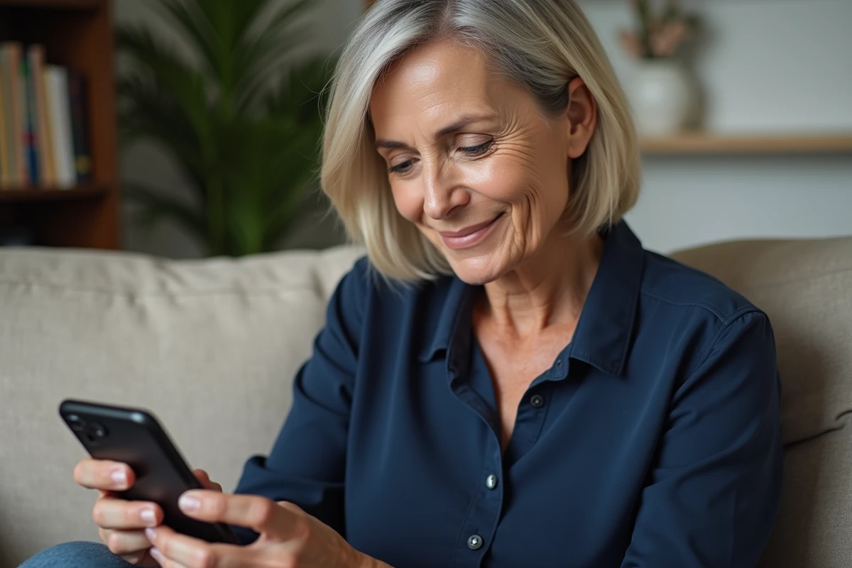 Femme d'âge moyen vérifiant l'application de localisation GPS de la montre connectée senior de son parent atteint d'Alzheimer sur smartphone