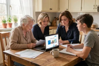 Famille multigénérationnelle réunie autour d'une table pour préparer une demande de devis de service senior ensemble