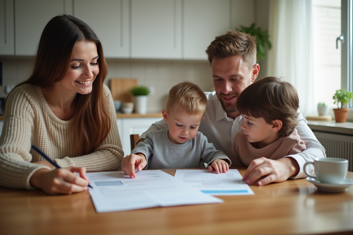 Famille autour d'une table examinant des documents d'assurance