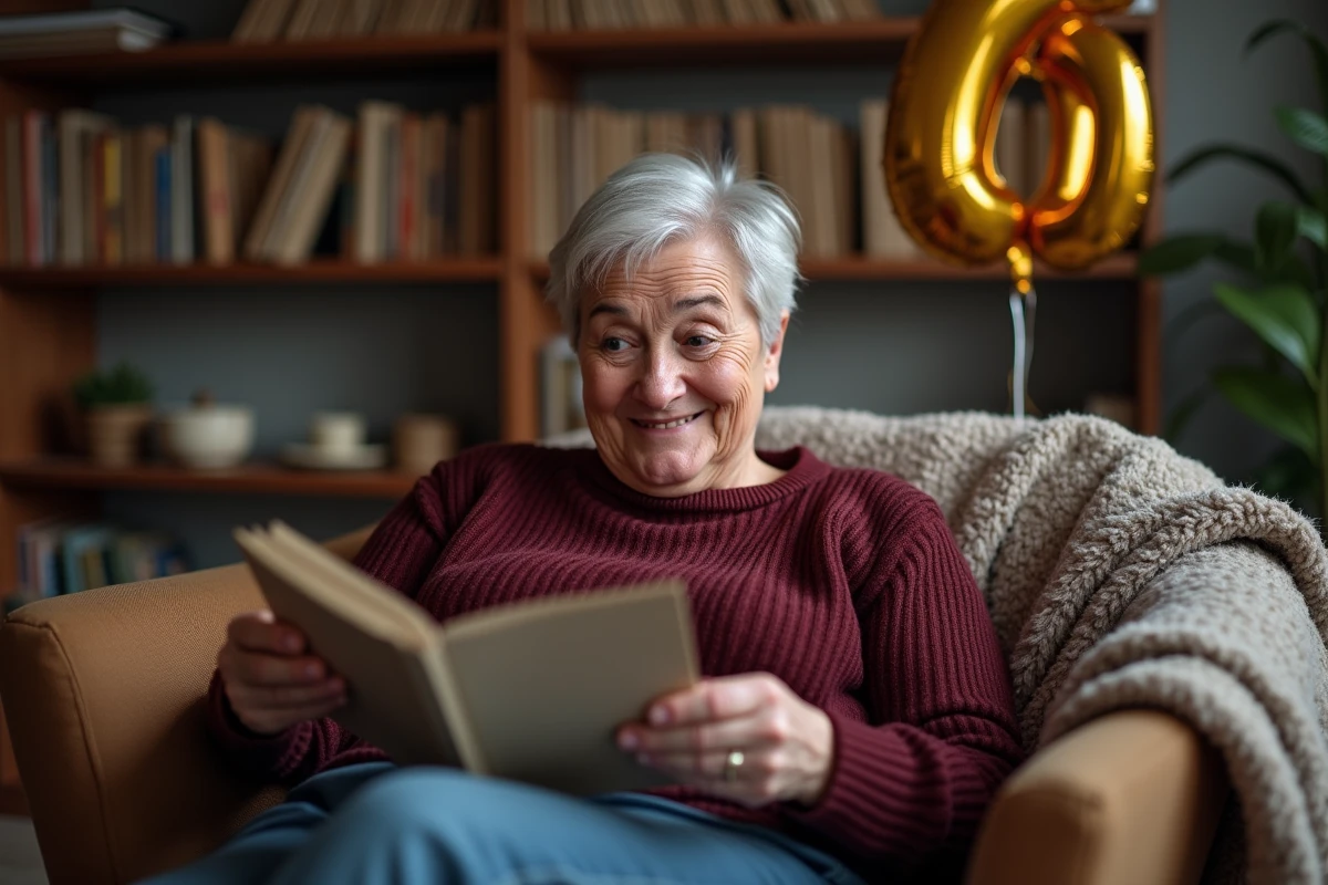 Femme de 60 ans lisant une carte d'anniversaire humoristique dans son salon
