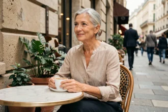 Femme élégante de 65 à 70 ans assise en terrasse de café avec une tasse de thé, sourire discret et regard bienveillant