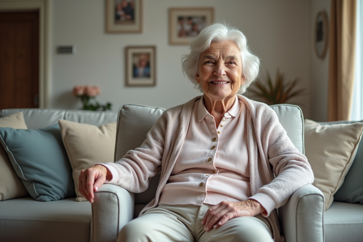 Femme agee souriante avec dispositif d'aide à domicile