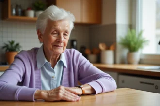 Femme âgée portant un bracelet GPS Alzheimer à son poignet, assise dans une cuisine