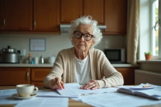 Une femme âgée confuse face aux démarches administratives de l'APA à domicile