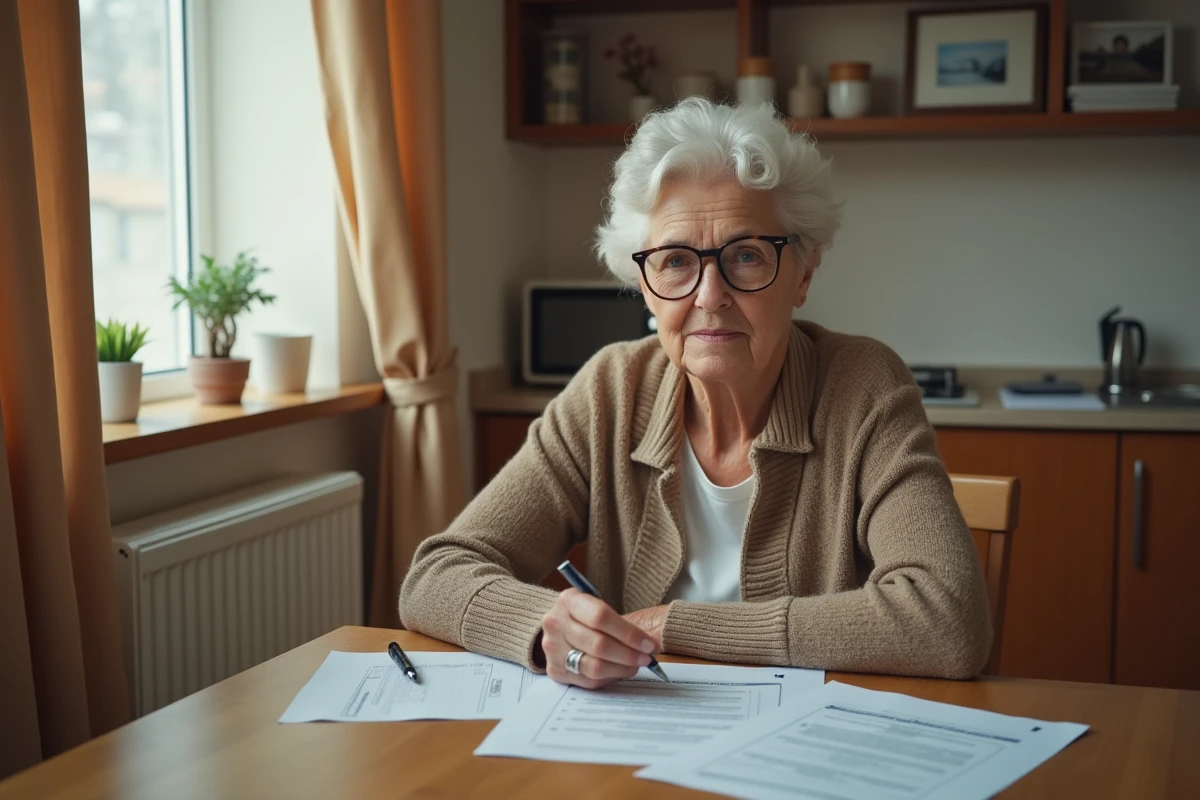 Femme âgée consultait ses documents de retraite à la table de sa cuisine pour évaluer ses aides financières pour maison de retraite