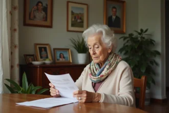 Femme agee lisant une lettre dans son appartement