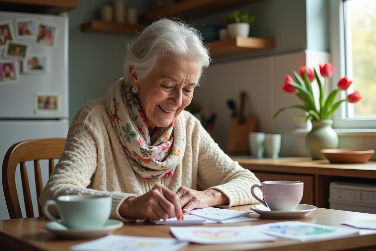 Femme agee lisant un poème dans la cuisine chaleureuse