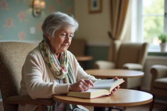 Femme agee lisant un livre dans un salon calme