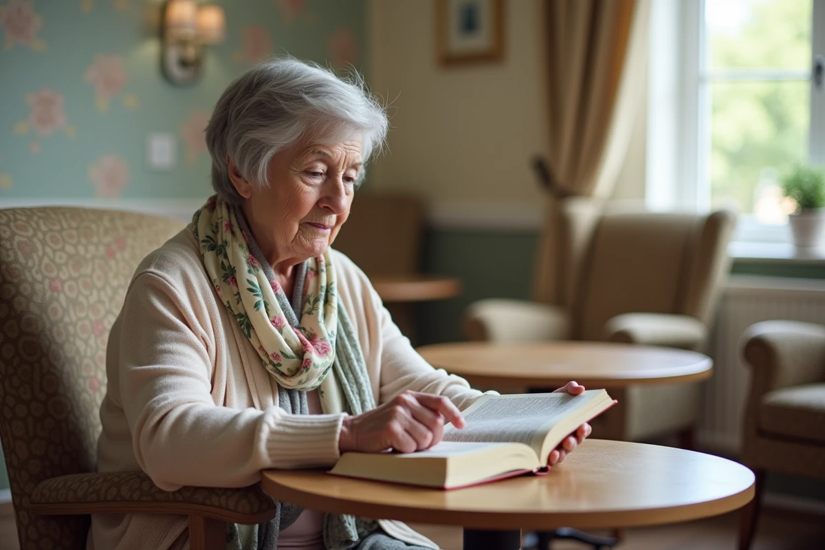 Femme agee lisant un livre dans un salon calme