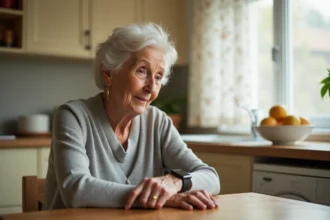 Femme âgée examinant sa montre connectée senior à la table de cuisine, rassurée par la technologie d'assistance pour Alzheimer