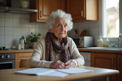 Femme agee regardant ses papiers de retraite dans la cuisine
