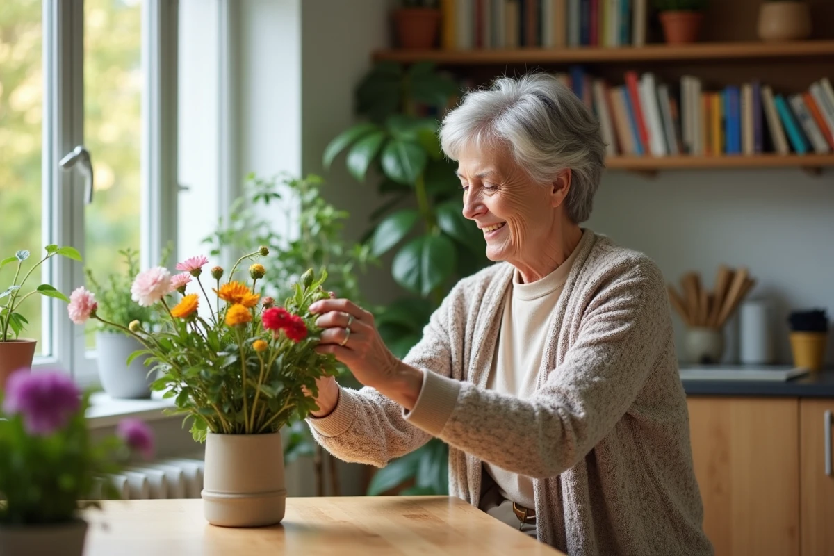 Femme senior arrangeant un bouquet de fleurs dans un appartement lumineux