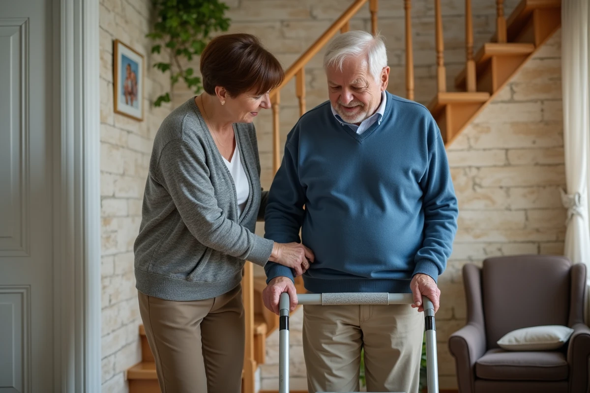 Femme aidant son père sur un monte-escalier dans une maison chaleureuse