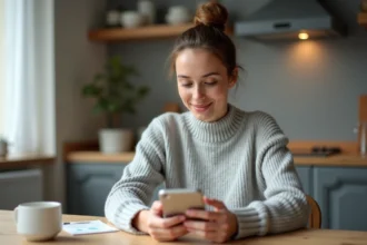 Femme consultant l'application Mon Proxima sur son smartphone pour suivre ses dépenses du quotidien