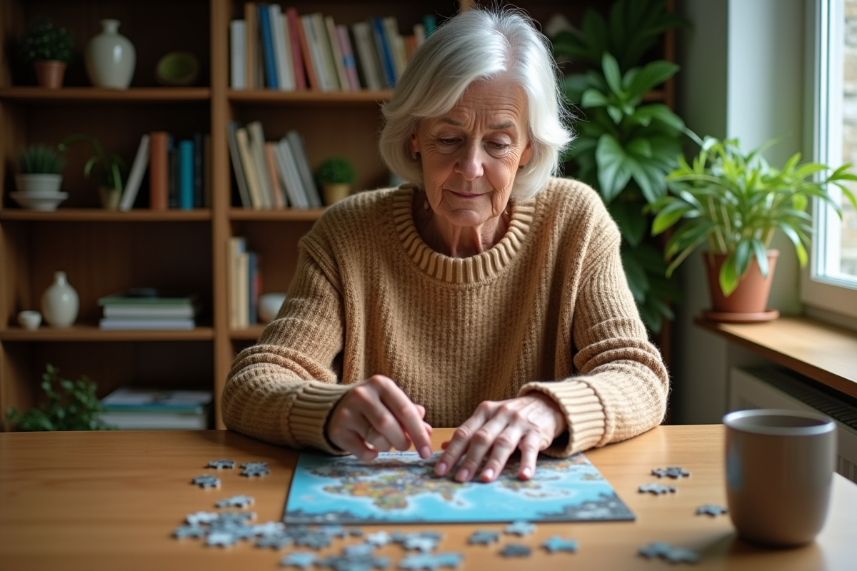 Femme d'âge moyen assemble un puzzle dans un salon lumineux