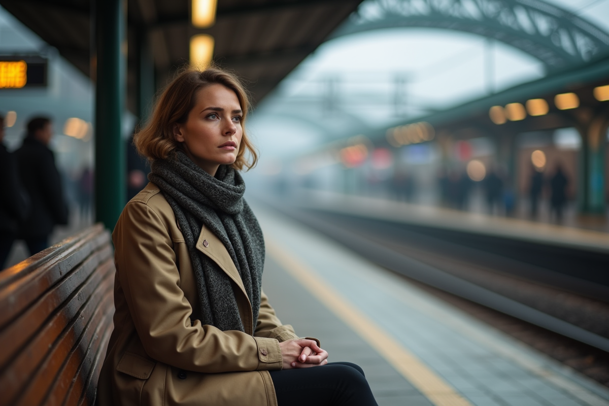 Femme assise sur un banc de gare en trench et écharpe