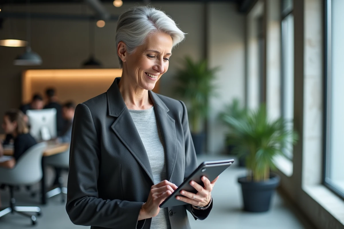 Femme cadre en fin de carrière consultant des projections financières de retraite sur une tablette dans un bureau moderne