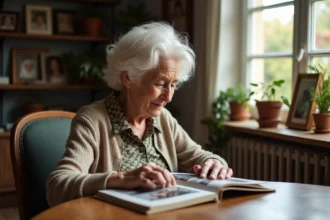 Femme centenaire feuilletant un album photo dans un salon chaleureux