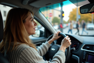 Femme au volant d'une voiture en ville en automne