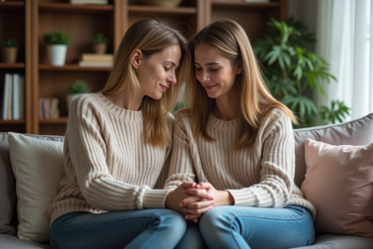 Femme réconfortant une amie dans un salon chaleureux