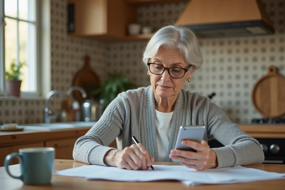 Femme d'âge mûr consultant une application de tutelle sur smartphone à la table de cuisine, entourée de documents administratifs