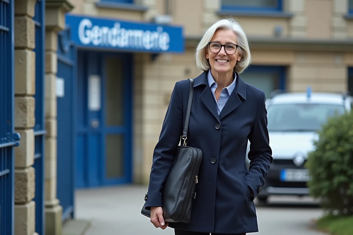 Femme souriante quittant la gendarmerie avec un sac