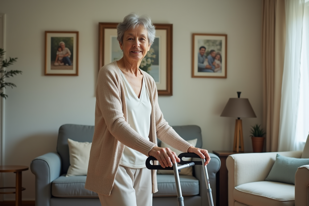 Femme âgée marchant avec un rollator dans un salon chaleureux